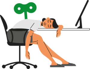 Das Bild zeigt eine Frau, die sehr müde auf einem Schreibtisch liegt und eine Pause braucht, weil sie zu viel gearbeitet hat- vermutlich Burnout